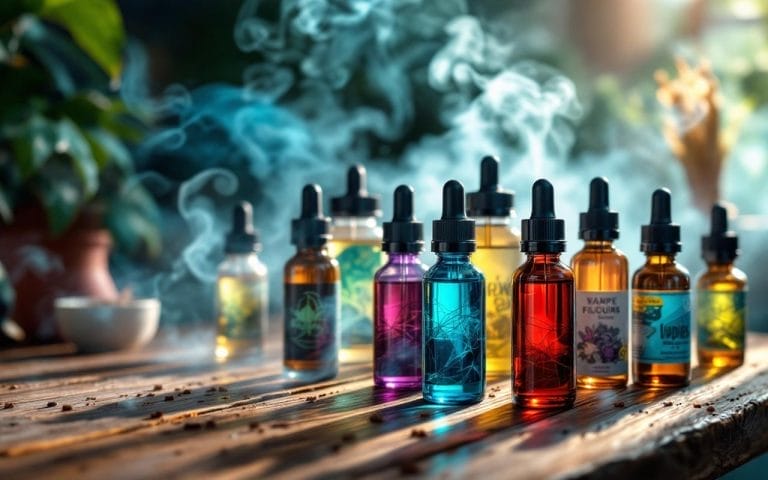 Image montrant des bouteilles de liquide pour vape disposées sur une table en bois, dans une ambiance lumineuse et naturelle, avec plusieurs formes et tailles de bouteilles.