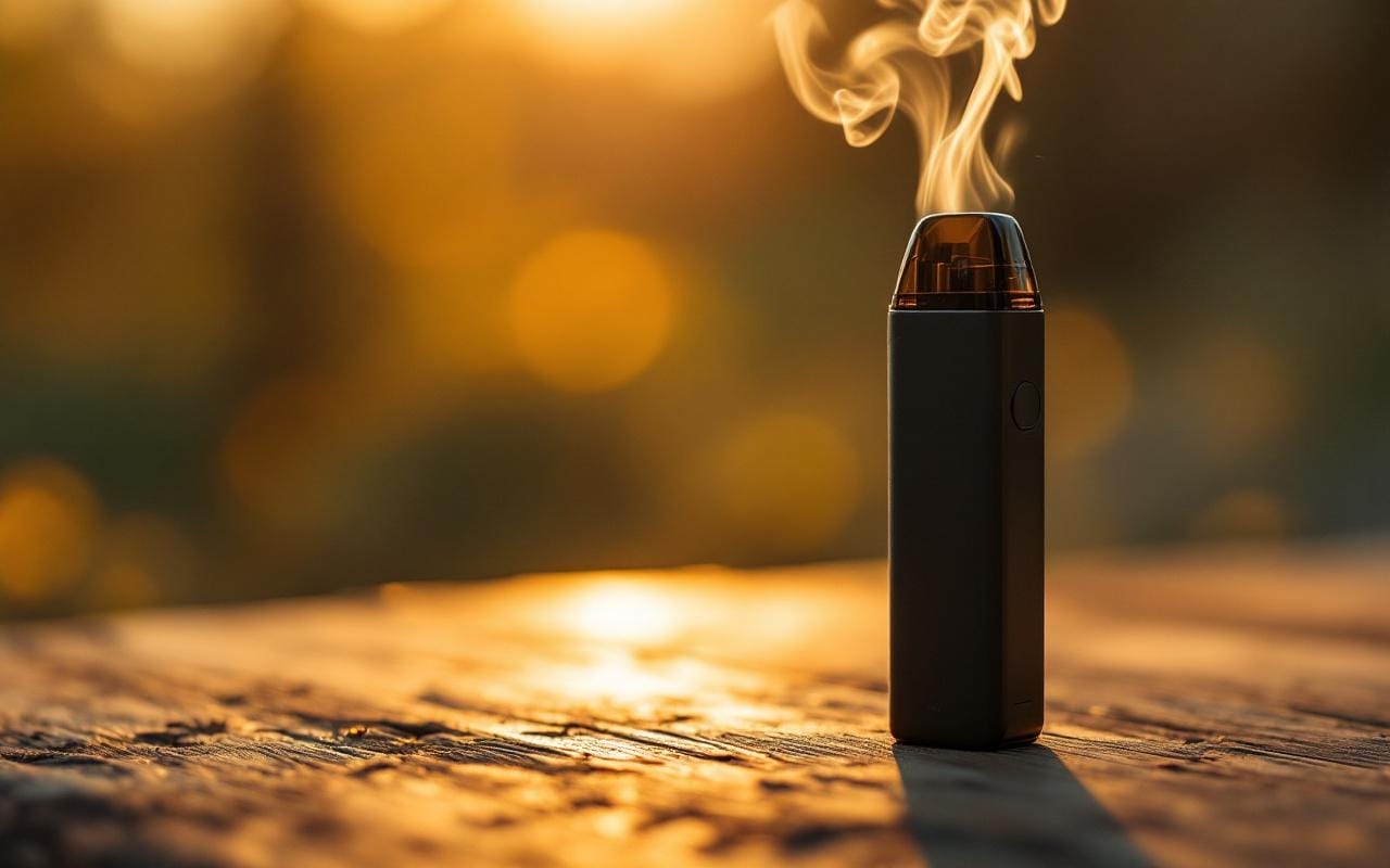 Photo réaliste d'un pod vape posé sur une table en bois, avec un flacon d'e-liquide nic salt à côté. Lumière chaude de coucher de soleil, reflets ambrés sur le métal, bois texturé, légère vapeur s'échappant, arrière-plan flou.